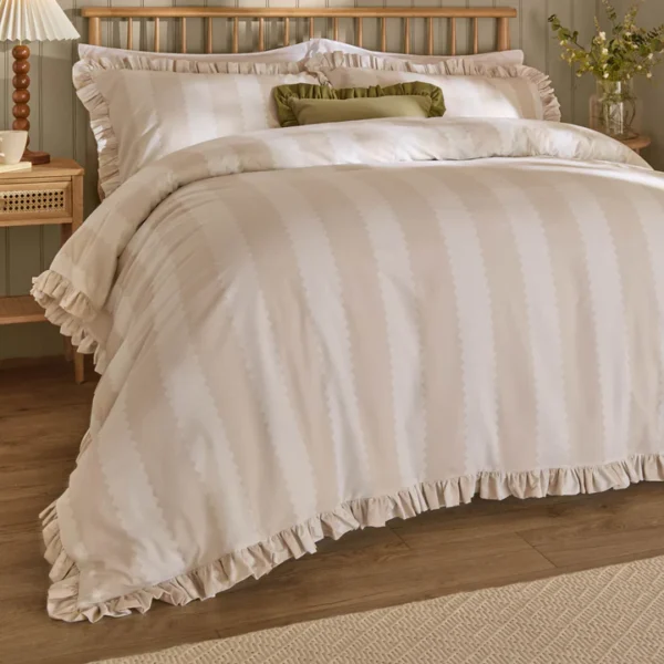 birdie stripe ruffle duvet cover set oat/milk