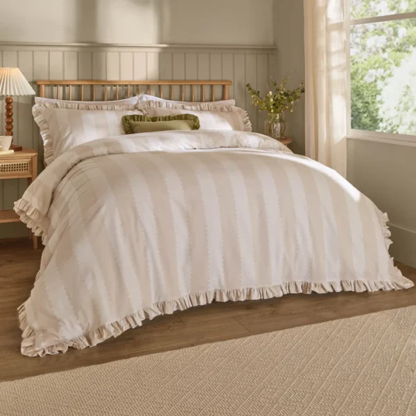 birdie stripe ruffle duvet cover set oat/milk